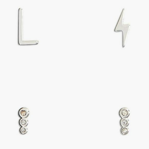 Lucky Brand Earrings thunderbolt Letter L circular studs Silver toned New - Picture 2 of 8